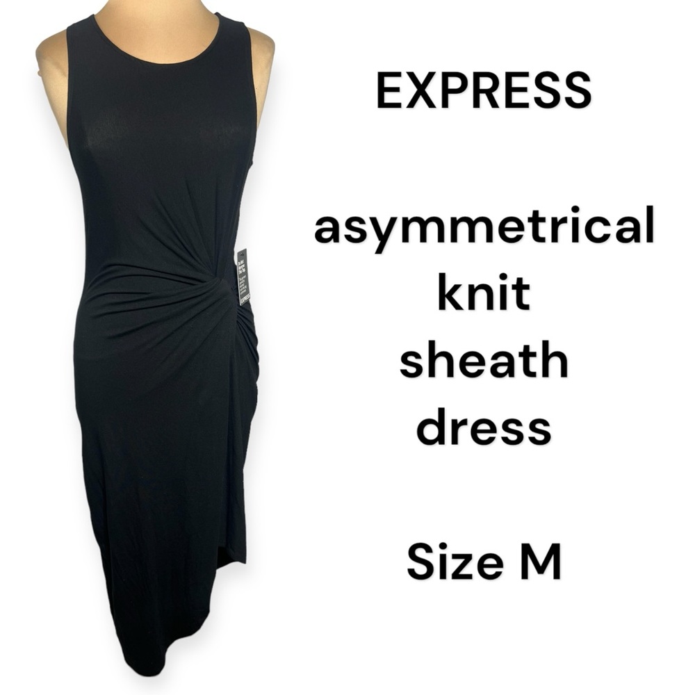 EXPRESS Black Asymmetrical Ruched Midi Sheath Dress Size M effortless versatile - Picture 2 of 9